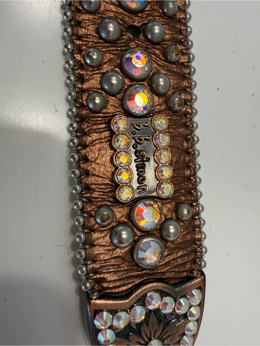 B.B. Simon Bronze Italian Leather and Swarovski Crystal Belt - Women’s